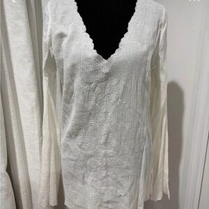 J. Crew Cream Scalloped V-Neck Embroidered Tunic